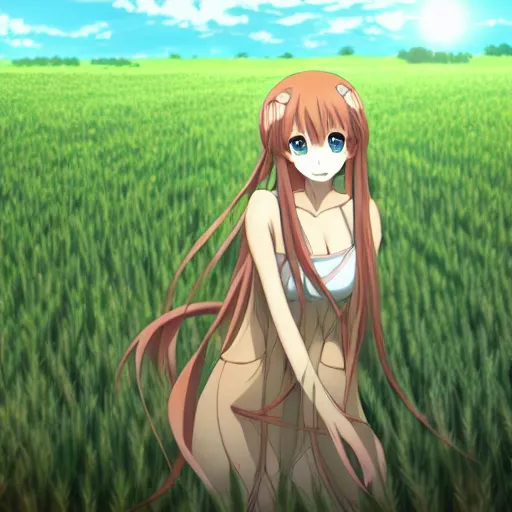 Image similar to anime illustration of Holo from Spice and Wolf standing in a wheat field at sunset, Holo is a wolf girl, high detail, trending on pixiv