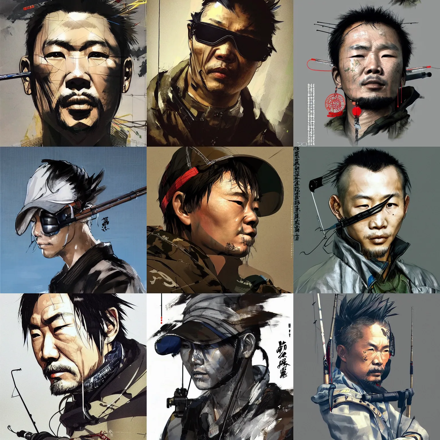 Prompt: a beautiful side portrait of a chinese cyber fisherman. he carries an intimidating fishing rod. art by yoji shinkawa and sandra chevrier, trending on artstation, award - winning, perfect composition.