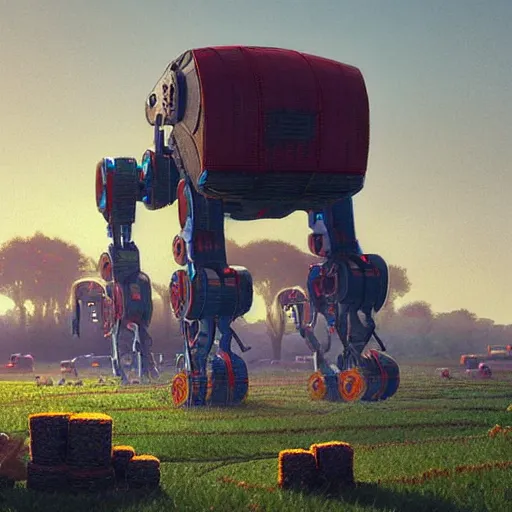 Prompt: giant mech stands over field with hay bales by simon stalenhag, atmospheric haze, sci fi digital painting, unreal engine 5, photorealism, hd quality, 8 k resolution, cinema 4 d, 3 d, cinematic, professional photography, art by artgerm and greg rutkowski and alphonse mucha and loish and wlop