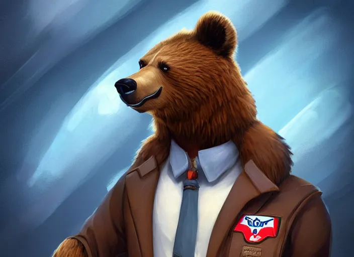 Prompt: character portrait feature of the anthro male anthropomorphic kamchatka brown bear fursona wearing airline pilot outfit uniform professional pilot for delta airlines character design stylized by charlie bowater, ross tran, artgerm, and makoto shinkai, detailed, soft lighting, rendered in octane