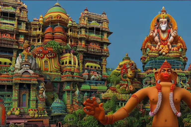 Image similar to high quality 3 d dreamscape! mumbai with biomorphic hanuman!! head building, kalighat highly detailed, unreal engine cinematic smooth, stephen shore & john j. park, soft morning light, wide shot, high angle, uhd 8 k, deep focus