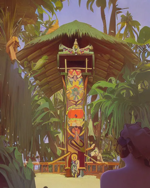 Prompt: a painting of a tribal tiki hut with a totem pole by its side, a surrealist painting by alphonse mucha, beeple, Edward Hopper and James Gilleard, Zdzislaw Beksinsk, by Jesper Ejsing, by RHADS, Makoto Shinkai and Lois van baarle, trending on deviantart, pop surrealism, lowbrow, grotesque, whimsical