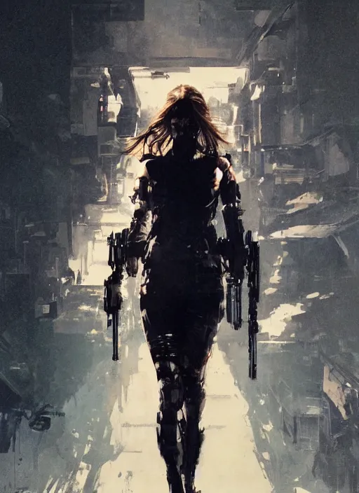 Prompt: Elizabeth Olsen wearing metal gear armor holding a shotgun dramatic lighting art by Yoji Shinkawa by Richard Schmid by greg rutkowski by Sandra Chevrier by Jeremy Lipking cinematic dramatic