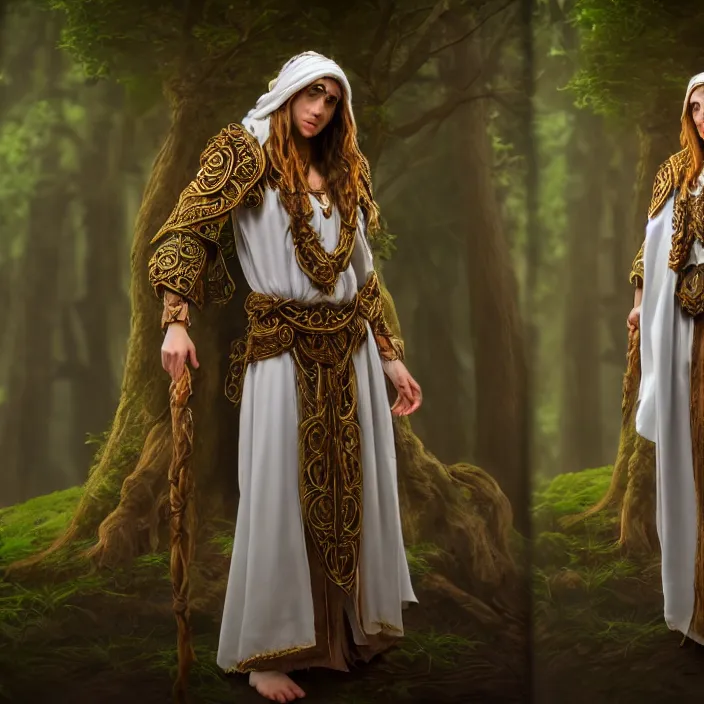 Prompt: photograph of a real-life beautiful druid with ornate white robes. Extremely detailed. 8k