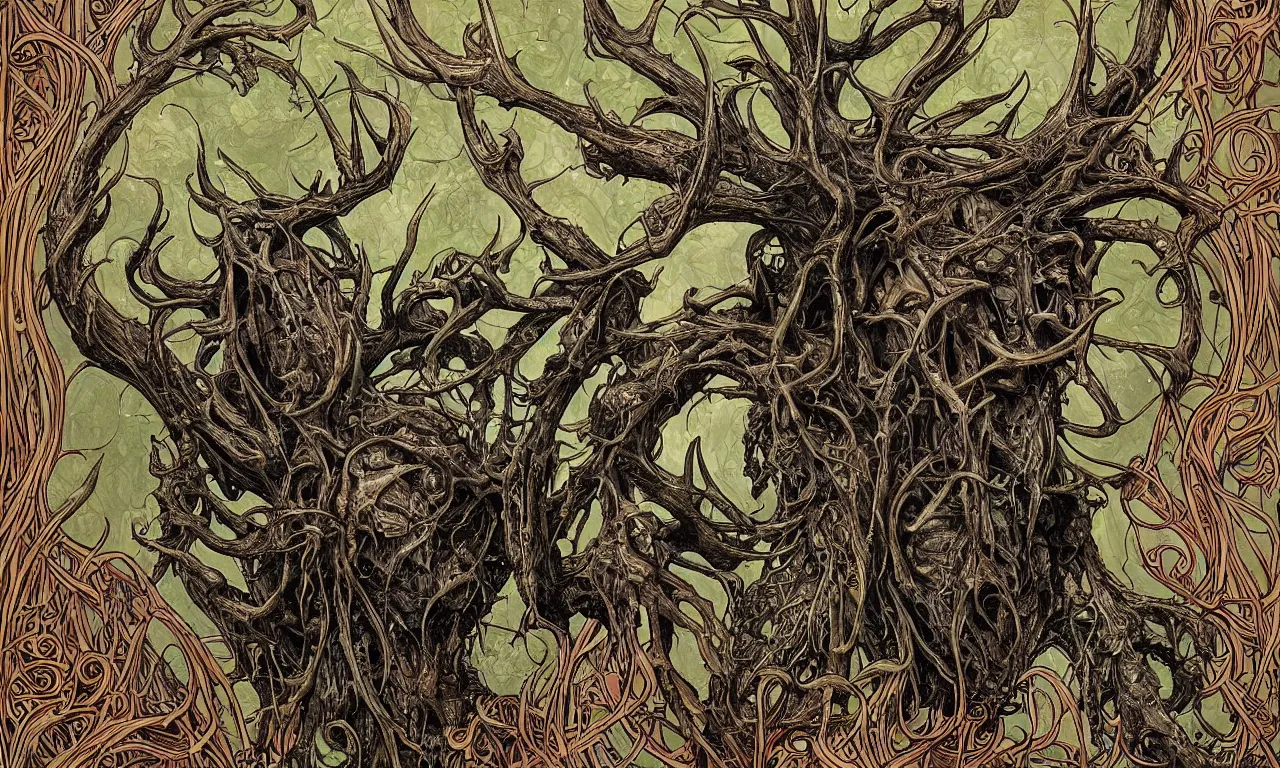 Image similar to hyperdetailed art nouveau portrait of treebeard as a cthulhu eyeball moose skull wendigo cryptid monster, by geof darrow, simon bisley and bill sienkiewicz, grim yet sparkling atmosphere, photorealism, claws, skeleton, antlers, fangs, forest, wild, bizarre, scary, lynn varley, lovern kindzierski, steve oliff