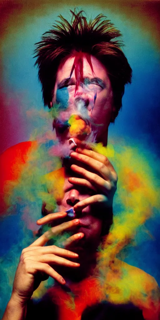 Image similar to award winning photo of bill hicks SNORTING SMOKING TRIPPING, vivid colors, happy, symmetrical face, beautiful eyes, studio lighting, wide shot art by Sally Mann & Arnold Newman