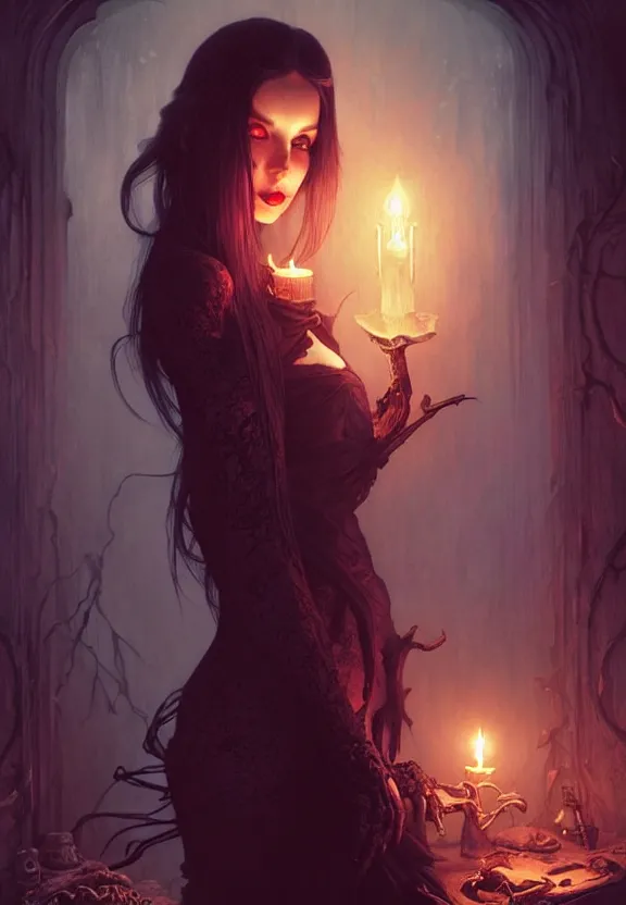 Image similar to Attractive necromancer mistress at a spooky old attic, fantasy magic, dark pin-up style hair, dark light night, intricate, elegant, sharp focus, illustration, highly detailed, digital painting, concept art, matte, art by WLOP and Artgerm and Greg Rutkowski and Alphonse Mucha, masterpiece