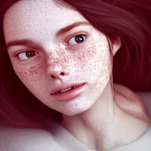 Image similar to portrait of a cute thin young woman, red blush, cute freckles wearing casual clothes, small smile, relaxing on a couch, cozy under a blanket, cozy living room, close up shot, 8 k, octane render, trending on artstation, art by artgerm and irakli nadar,, hyperrealism, hyperdetailed, ultra realistic