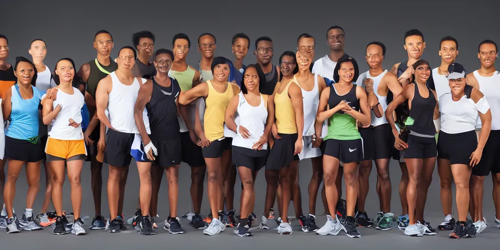 Image similar to Studio Photograph of starting line of many diverse marathon runners. multiple skintones. Warm atmosphere. Beige and black. Frontal. Shot on 30mm Lens. Advertising Campaign. Wide shot. Studio lighting. White background.