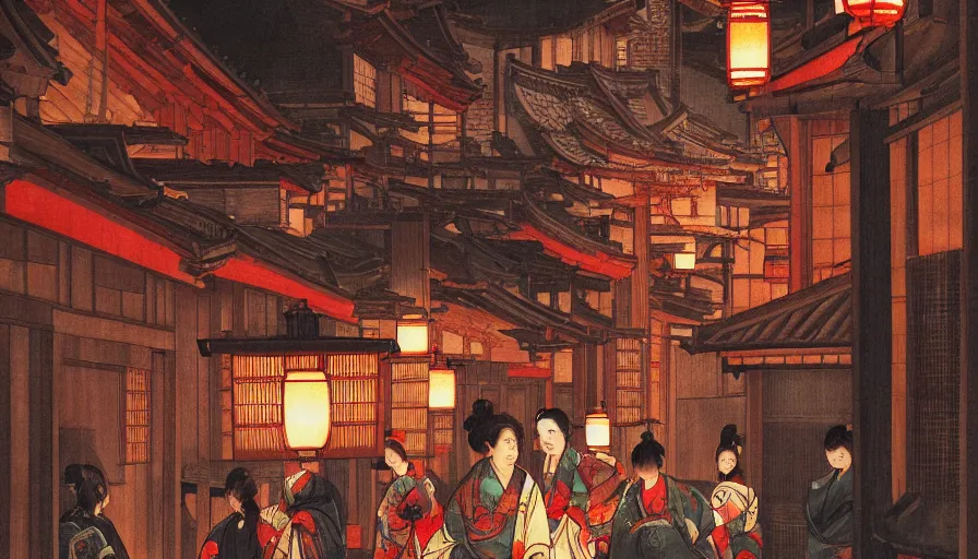 Image similar to edo era city festival near sea at night, beautiful lit lamps, 8 k highly detailed art, intricate, stanley lau, artgerm, artstation, smooth, far sho