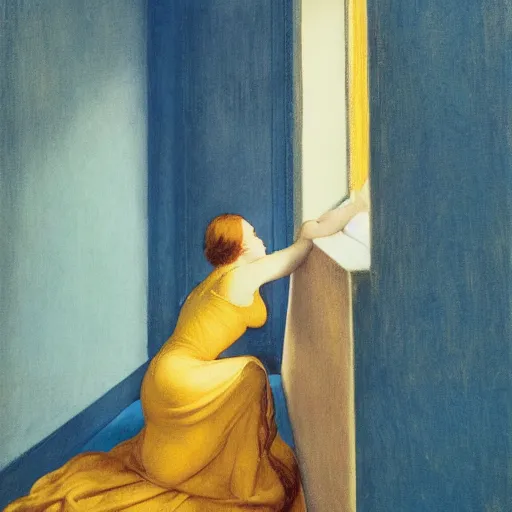 Image similar to close up of a girl in a blue and gold haunted liminal abandoned room, film still by edward hopper, by Pontormo, by klimt, pre-raphaelite, art noveau, highly detailed, strong lights, liminal, eerie, Bright pastel colors