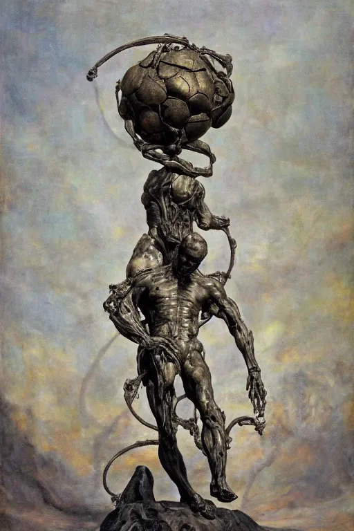 Prompt: beautiful oil clean painting of the biomechanical atlas holding the world sculpture connected to machine by auguste rodin, by wayne barlowe, rembrandt, complex, stunning, realistic skin color, 4 k, high res, awardwinning, masterpiece