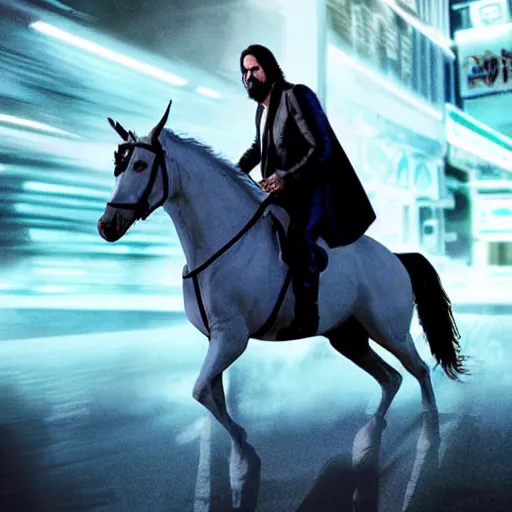 Image similar to Keanu Reaves riding a unicorn thought a HDR neon lit alley, a still shot from John Wick 2, holding a gin, holding an mk-18 at character dressed as Luigi from Mario, epic fantasy style, digital art, 8k high defition