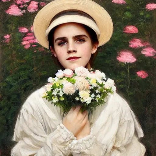 Image similar to laughing mouth open very thick paint brush strokes paint texture full body fashion model emma watson by Jeremy Lipking by Hasui Kawase by Richard Schmid (((smokey eyes makeup eye shadow fantasy, glow, shimmer as victorian woman in a long white frilly lace dress and a large white hat having tea in a sunroom filled with flowers, roses and lush fern flowers ,intricate, night, highly detailed, dramatic lighting))) , high quality