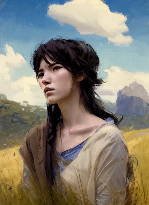 Image similar to portrait of Princess Mononoke, countryside near forest, calm, fantasy character portrait, dynamic pose, above view, sunny day, thunder clouds in the sky, artwork by Jeremy Lipkin and Giuseppe Dangelico Pino and Michael Garmash and Rob Rey, very coherent asymmetrical artwork, sharp edges, perfect face, simple form, 100mm