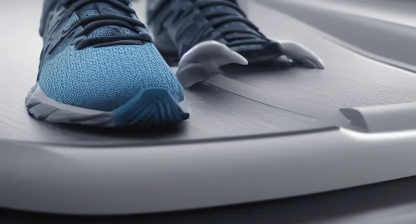 Image similar to close up on old running shoes running on a treadmill. cinematic lighting. moody. sci fi. octane render. blue grey tones.