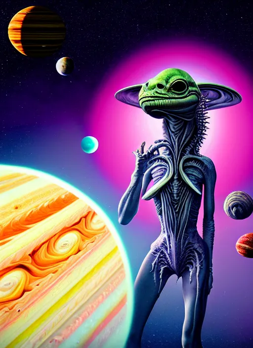 Image similar to hyper detailed 3d render of alien visiting jupiter like a chiaroscuro - kawaii portrait outside spaceship (an astronaut queen with advanced suit like a skeksis from dark crystal that looks like millie bobby brown and Krysten Ritter) seen Eating of the Strangling network of yellowcake aerochrome and milky Fruit and His delicate Hands hold of gossamer polyp blossoms bring iridescent fungal flowers whose spores black the foolish stars by Jacek Yerka, Ilya Kuvshinov, Mariusz Lewandowski, Houdini algorithmic generative render, Abstract brush strokes, Masterpiece, Edward Hopper and James Gilleard, Zdzislaw Beksinski, Mark Ryden, Wolfgang Lettl, hints of Yayoi Kasuma, octane render, 8k