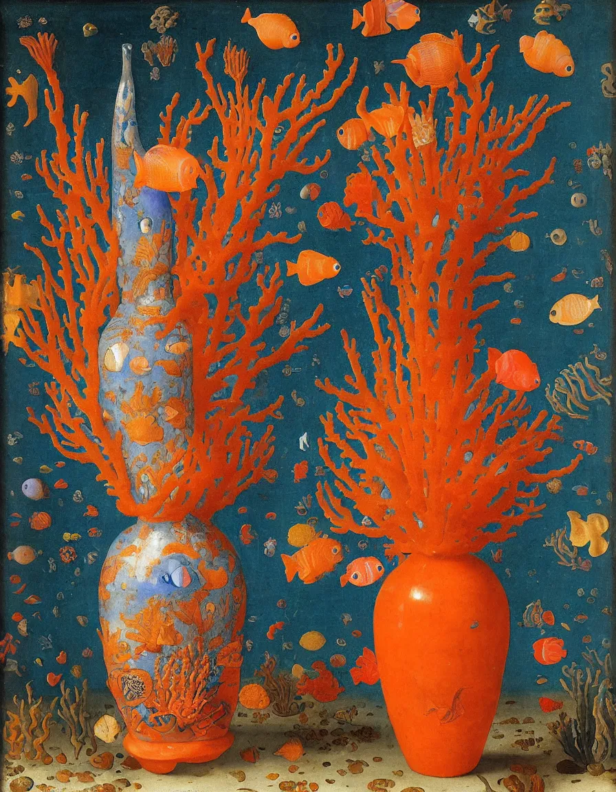 Prompt: bottle vase of coral under the sea decorated with a dense field of stylized scrolls that have opaque outlines enclosing mottled blue washes, with orange shells and purple fishes, ambrosius bosschaert the elder, oil on canvas, around the edges there are no objects