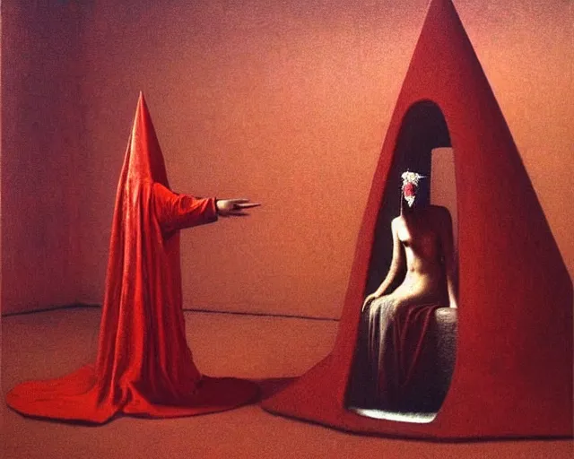 Prompt: devotion to the scarlet woman, priestess in a conical hat, coronation, ritual, sacrament, by francis bacon, beksinski, mystical redscale photography evocative, luxury, opulence.