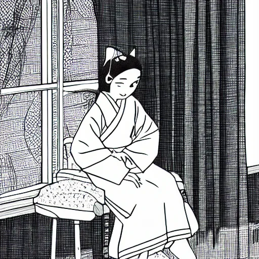 Image similar to A young lady in a kimono with almond-shaped eyes, sitting on a chair in a huge empty room, a black cat sitting on the window, a girl smiling, black and white, pencil, style