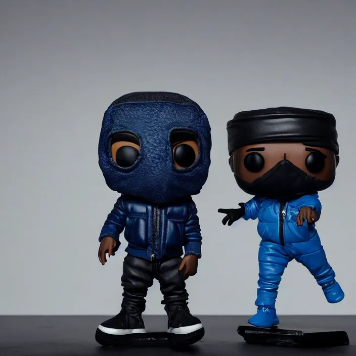 Image similar to a funko pop of kanye west using a full face covering black mask, a small, tight, undersized reflective bright blue round puffer jacket made of nylon, dark jeans pants and big black balenciaga rubber boots, figurine, detailed product photo