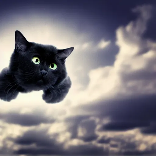 Image similar to a dark grey cat on a cloud floating in the sky, photography photorealistic