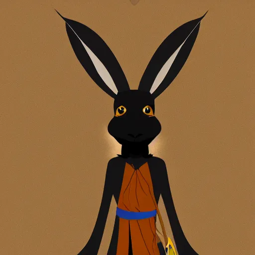 Prompt: black humanlike anthropomorphic jackrabbit harengon, wearing monk robes and a large wide brimmed hat, dark foreground, 4 k digital art