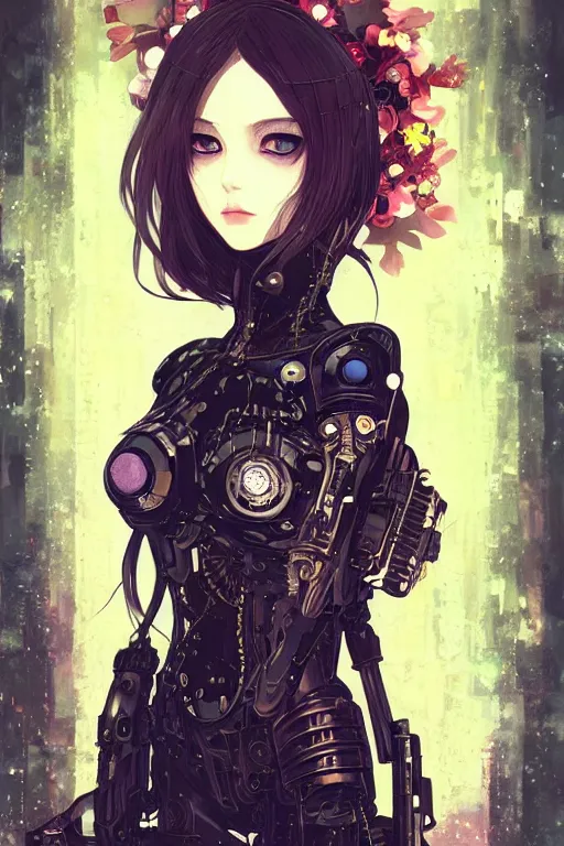 Image similar to portrait of beautiful young gothic cyborg anime maiden, cute-fine-face, fine details. Anime, cyberpunk, Warhammer, highly detailed, artstation, illustration, art by Ilya Kuvshinov and Gustav Klimt
