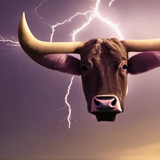 Prompt: bull volume sky concept art pink hyper realistic epic cinematic lightning