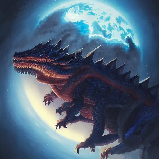 Image similar to Gigantic blue scaled dragon devouring an earth like planet while flying in space, sun system, behemoth, lizard, crocodile, comic, by Greg Rutkowski