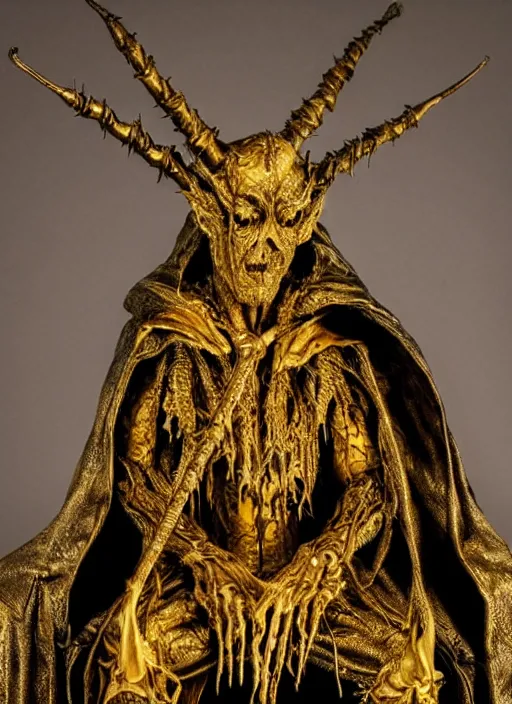 Image similar to photo taken of an epic intricate, ultra detailed, super realistic sculpture of a hooded satanic figure sitting on a nightmarish throne, sculpture on display, created by weta workshop, photorealistic, sharp focus, f 0. 4, face centred, golden ratio