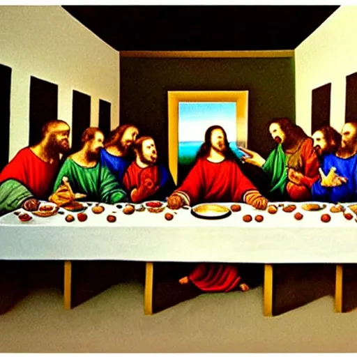 Prompt: a painting The Last Supper in Dali style