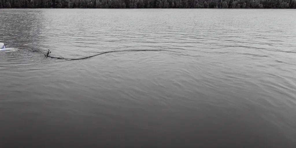 Image similar to centered photograph of a long rope snaking across the surface of the water, floating submerged rope stretching out towards the center of the lake, a dark lake on a cloudy day, mood, trees in the background, anamorphic lens, 4 k