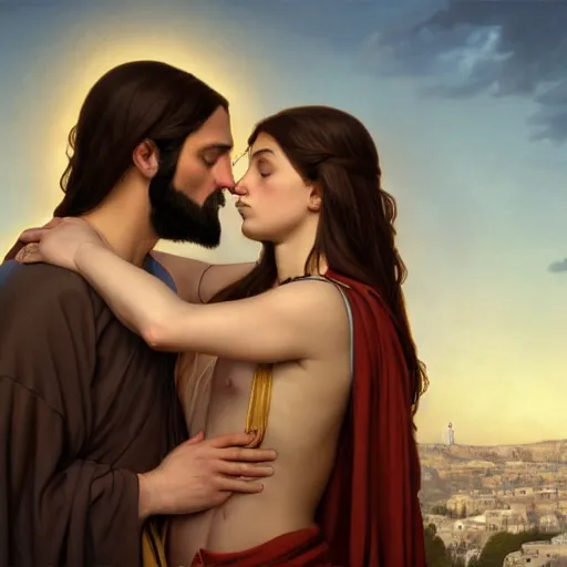 Image similar to jesus kissing a sensual woman in jerusalem, elegant, highly detailed, digital painting, artstation, concept art, matte, sharp focus, highly detailed, 4 k, hdr, smooth, sharp focus, high resolution, award - winning photo, photorealistic, art by artgerm and greg rutkowski and alphonse mucha, large shot