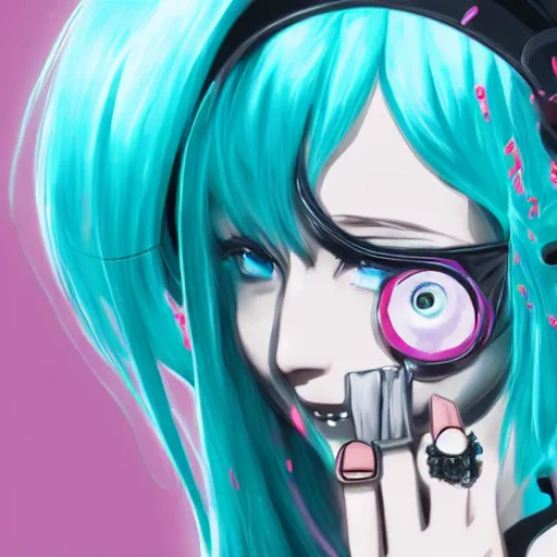 Image similar to hatsune miku smoking weed with a vape pen, smoke coming out of her mouth, bloodshot eyes, artstation, 4 k