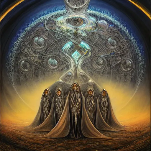 Image similar to a dark cabal of multiple hooded elven mystics in long robes gathered in a circular formation around a quantum computer, advanced technology, dan seagrave, michael whelan art, beautifully detailed epic scifi art, symmetrical, cgsociety, artstation