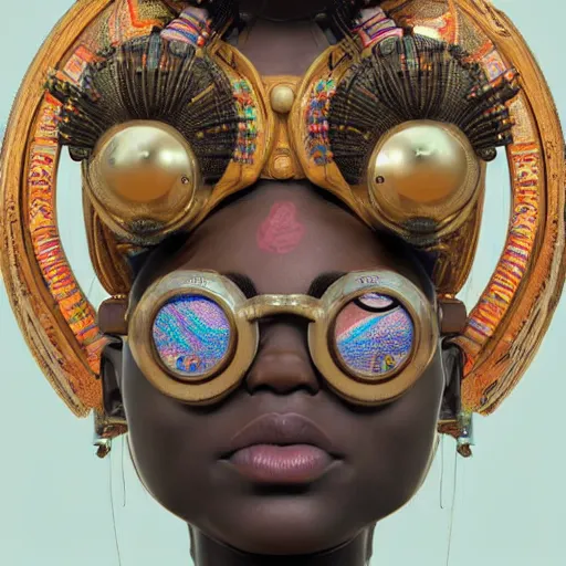 Image similar to colourful vfx upper half - portrait - art of a african tribal chief wearing steam punk goggles, art by utagawa kunisada & james jean, symmetrical, intricate detail, concept art, volumetric light, ray tracing, caricature, digital illustration, octane 3 d render, unreal engine, sharp, 8 k post process, pinterest, behance, art station,