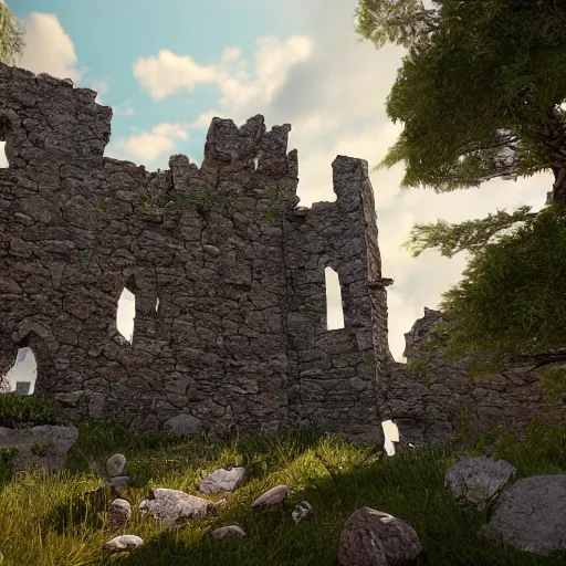 Image similar to Old ruins of a castle, Fantasy apocalypse environment, digital art, unreal engine 5, 4k
