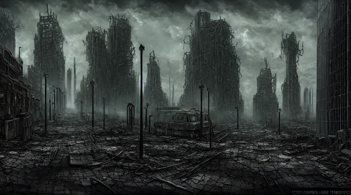 Image similar to post - apocalyptic dystopian building, avenue, in the style of vladimir manyukhin