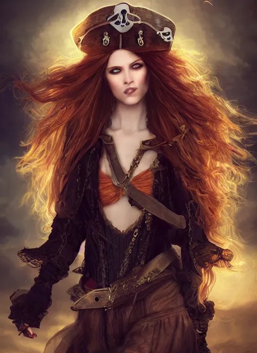 Image similar to a beautiful woman pirate clothes, 8 k, sensual, hyperrealistic, hyperdetailed, beautiful face, long ginger hair windy, dark fantasy, fantasy portrait by laura sava