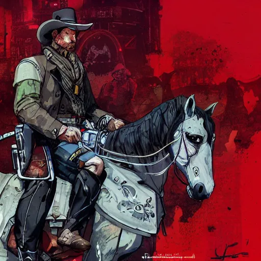 Prompt: a portrait of Arthur Morgan from Red Dead Redemption as a cyborg riding a cyborg horse, art by Yoji Shinkawa