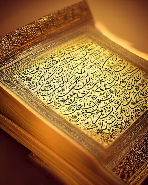 Image similar to pages of the quran falling down, gold filigree, romantic storybook fantasy, soft cinematic lighting, award, pastel color palette, featured on artstation