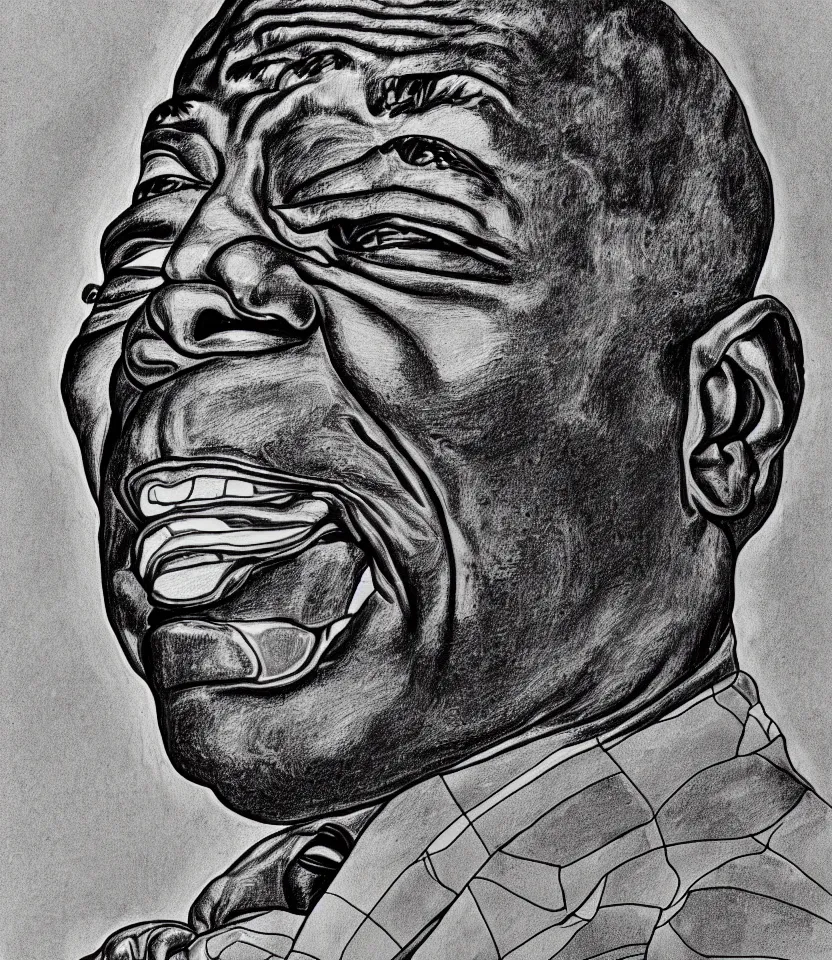 Image similar to detailed line art portrait of louis armstrong, inspired by egon schiele. caricatural, minimalist, bold contour lines, musicality, soft twirls curls and curves, confident personality, raw emotion