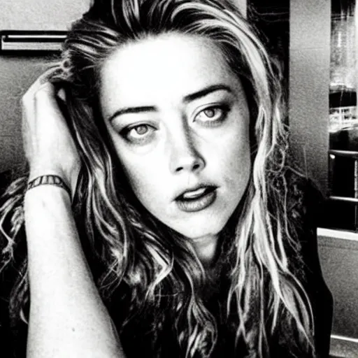 Prompt: “amber heard in shackles, crying, sad, prison clothes, distress, paparazzi photograph”