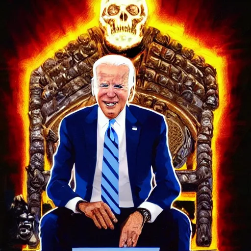 Image similar to Joe Biden with glowing lens flare eyes sitting on a throne made out of human skulls, oil painting