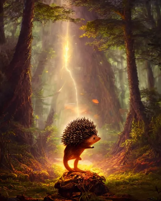 Image similar to oil painting of a Anthropomorphized hedgehog shaman casting nature spell, magical glow, sharp focus, heroic pose, fantasy style, octane render, volumetric lighting, 8k high definition, by greg rutkowski, highly detailed, trending on art Station, magic the gathering artwork, Woodland background, centered