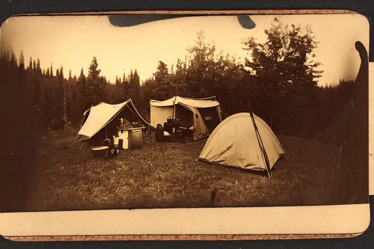 Image similar to tintype photo of a campsite with bonfire