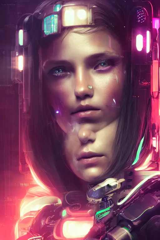 Image similar to beautiful portrait of a cyborg mercenary girl, art by wlop, liam wong, head and shoulders, cyberpunk, neon, intricate details, trending on artstation, sharp focus, caustics, octane render, radiant light, 4 k