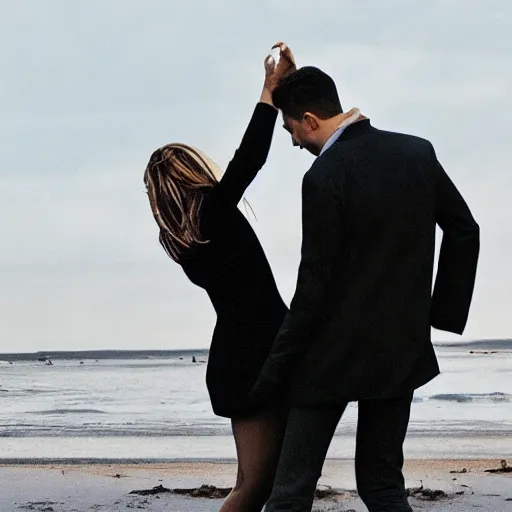 Image similar to realistic cropped photo of a man and woman, both wearing trenchcoats, dancing together on a beach during cloudy weather, at night, and it ’ s dark time