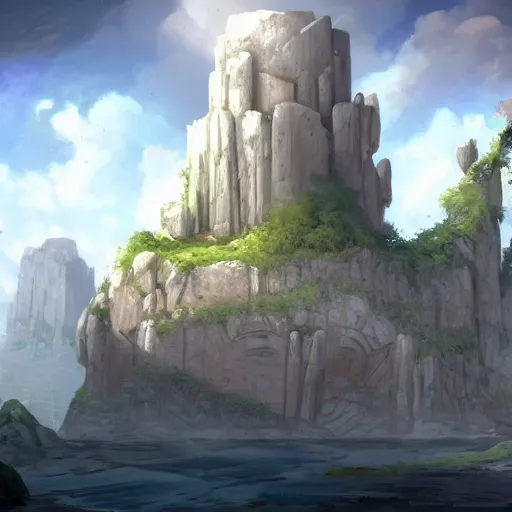 Prompt: concept art by tyler edlin of a small, white marble cliff in a meditereanian landscape, with stone henge on top